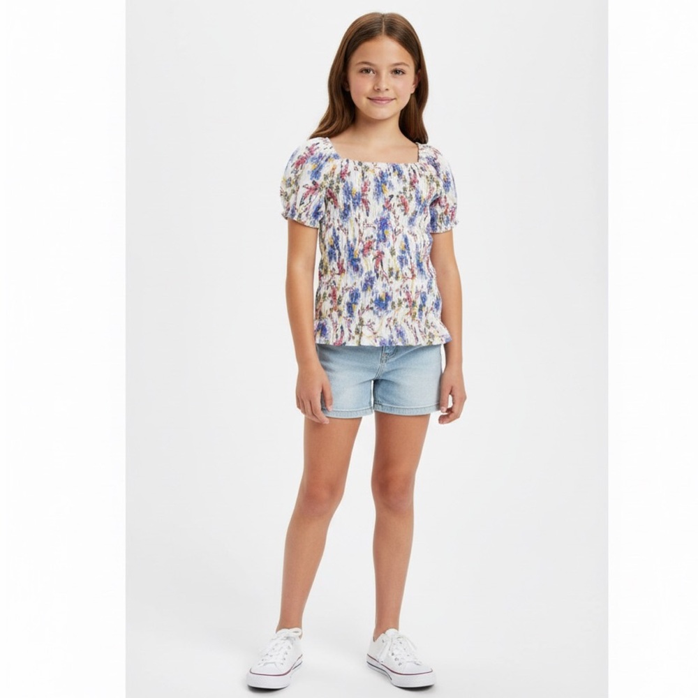 Old Navy‎ Girls Floral Smocked Puff Sleeve Smocked Top White Floral L 10-12